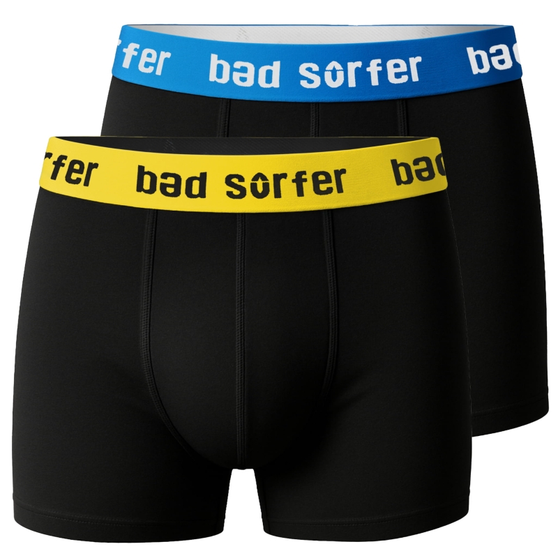 Czarne bokserki Bad Surfer – żółta i niebieska guma z logo