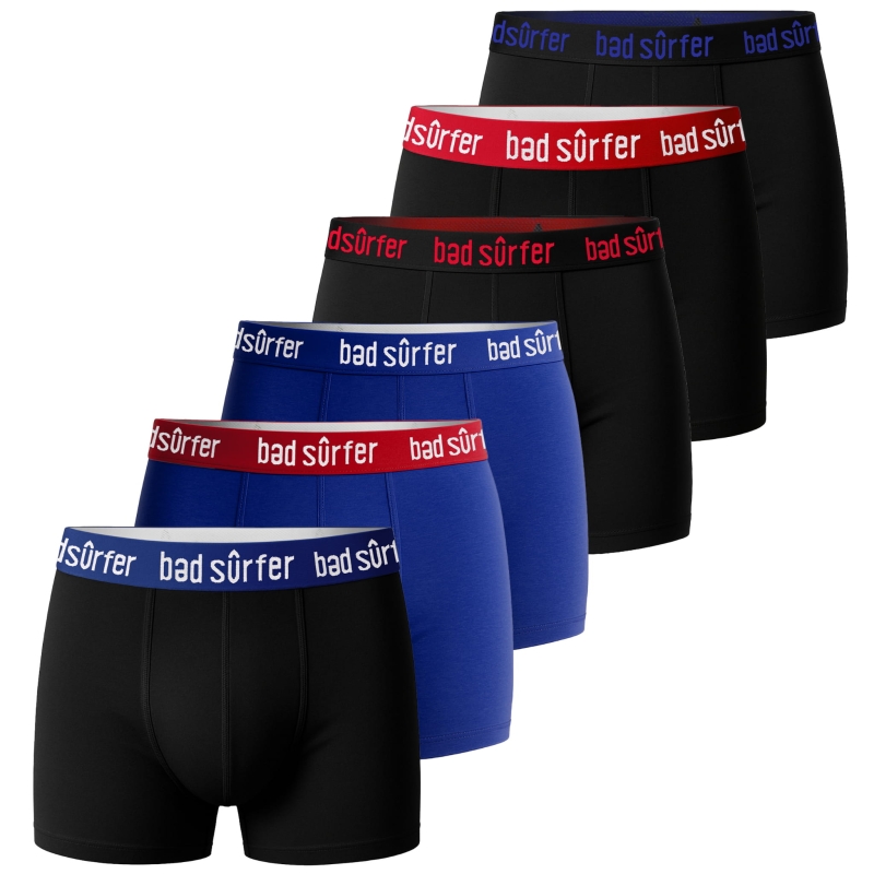 Zestaw 6 bokserek męskich Bad Surfer – czarne i niebieskie, z kolorowymi gumkami