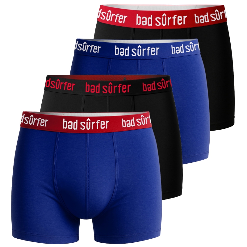 Zestaw 4 bokserek męskich Bad Surfer – czarne i niebieskie bokserki z czerwoną gumą i białym logo