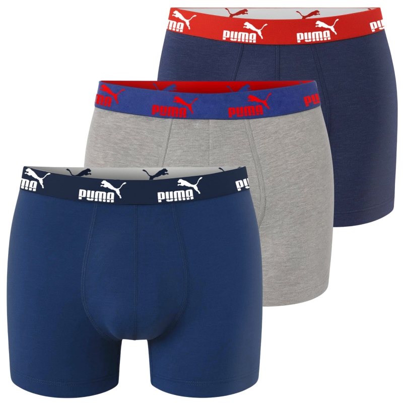 Bokserki Puma – zestaw 3 par w kolorach granatowym, szarym i niebieskim, ułożone kaskadowo