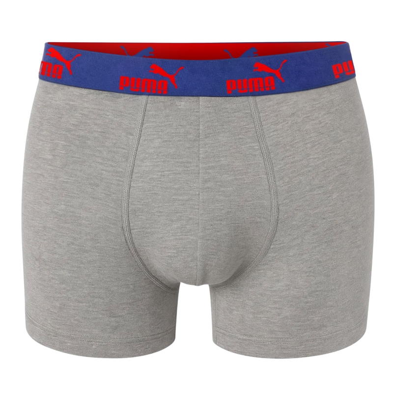 Szare bokserki Puma z niebiesko-czerwoną gumą i logo