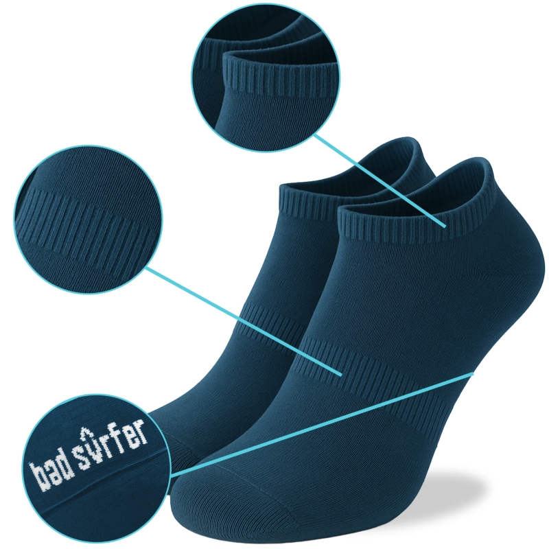 Granatowe stopki Bad Surfer – zbliżenia na ściągacz, śródstopie i logo