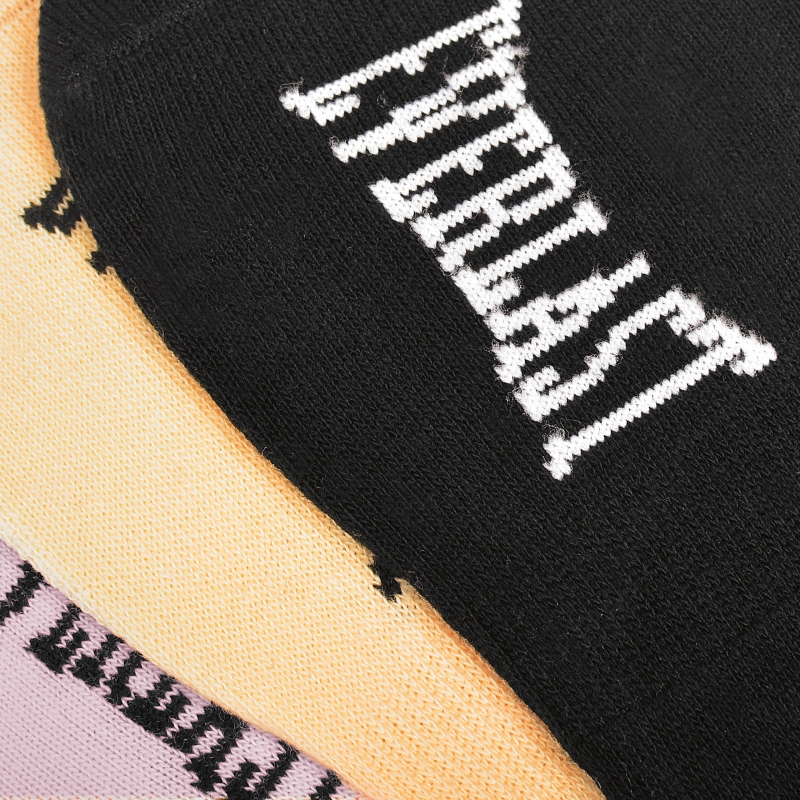 Zbliżenie na czarny napis EVERLAST na kolorowych skarpetach.