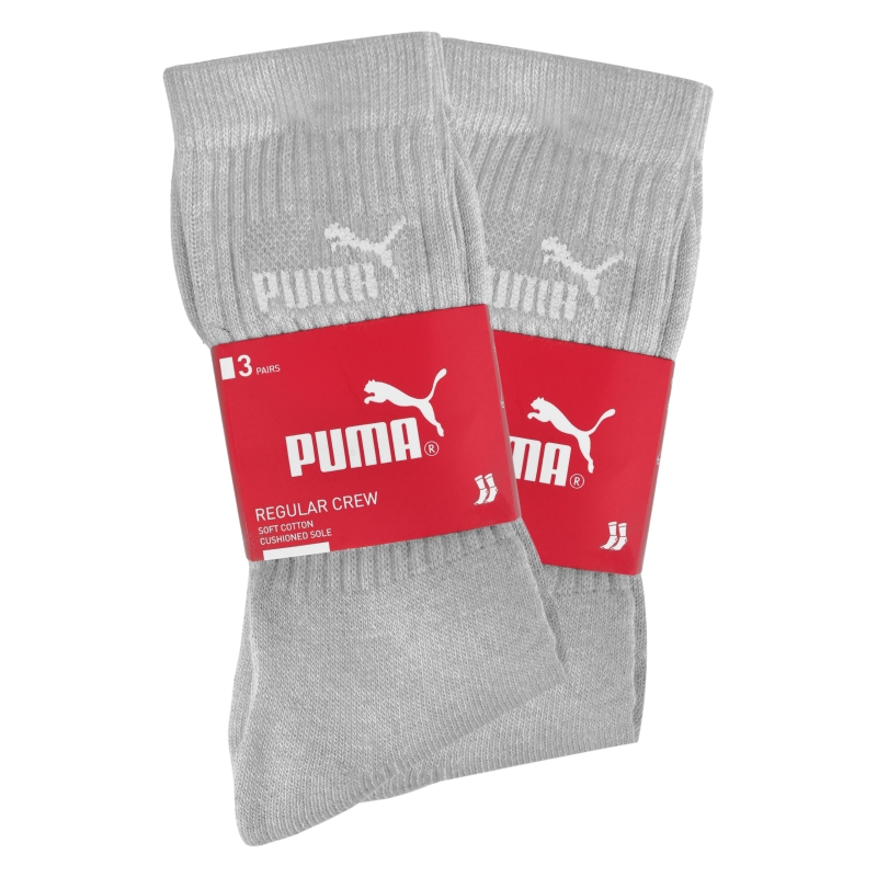 Sześć par szarych skarpet Puma zapakowanych w dwa zestawy po trzy pary.