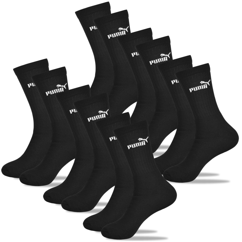 Sześć par czarnych skarpet sportowych Puma z białym logo na cholewce