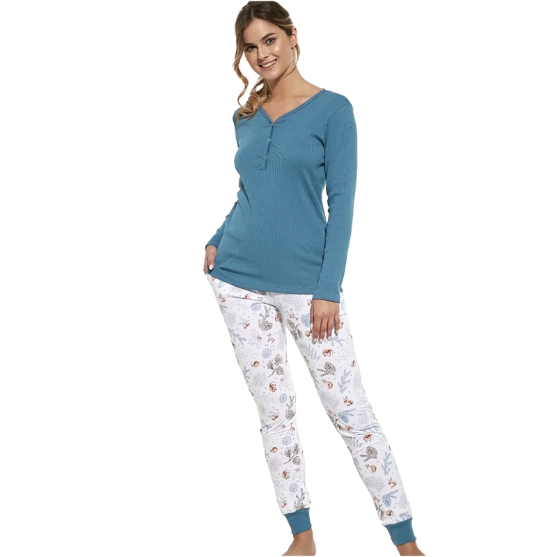 Cornette Piżama Damska Długi Rękaw Spodnie Niebieska Bawełna Model