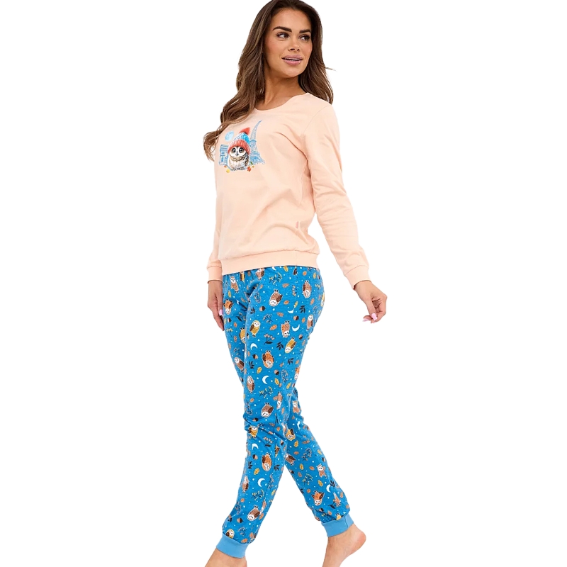 Cornette piżama damska z sową i niebieskimi spodniami