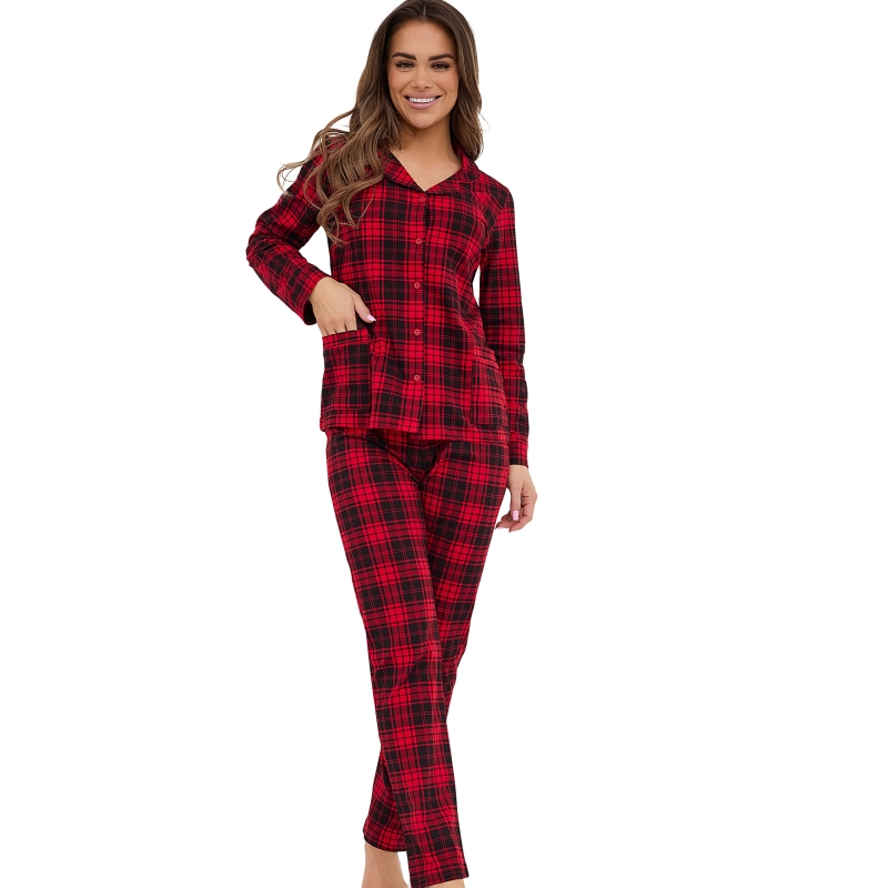 Cornette Piżama Damska Długi Rękaw Czerwona Kratka Bawełna Model