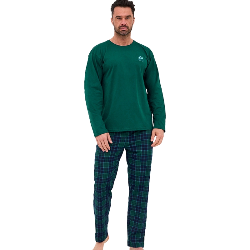 Cornette Piżama Męska Długi Rękaw Zielony Krata  Model