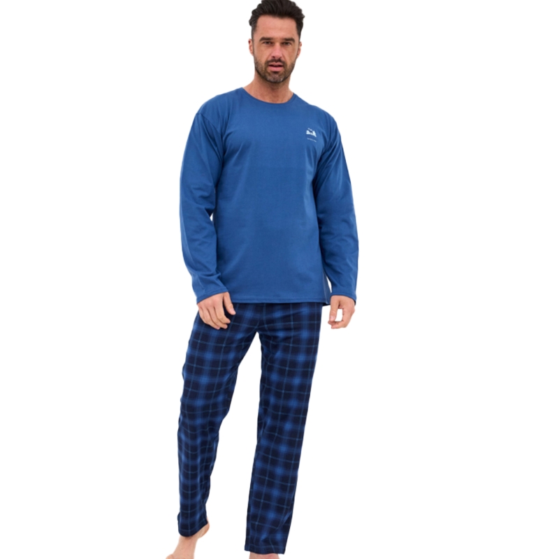Cornette Piżama Męska Długi Rękaw Niebieski Krata Model
