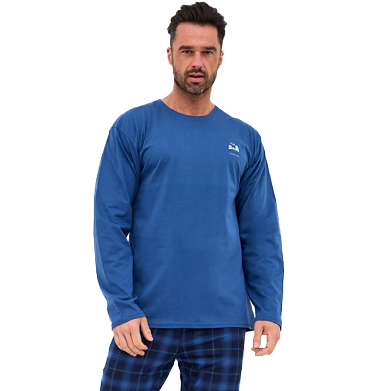 Cornette Piżama Męska Długi Rękaw Niebieski Krata blisko Model