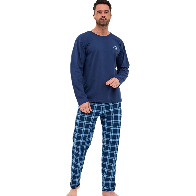Cornette Piżama Męska Długi Rękaw Granatowy Kratka Bawełniana Model