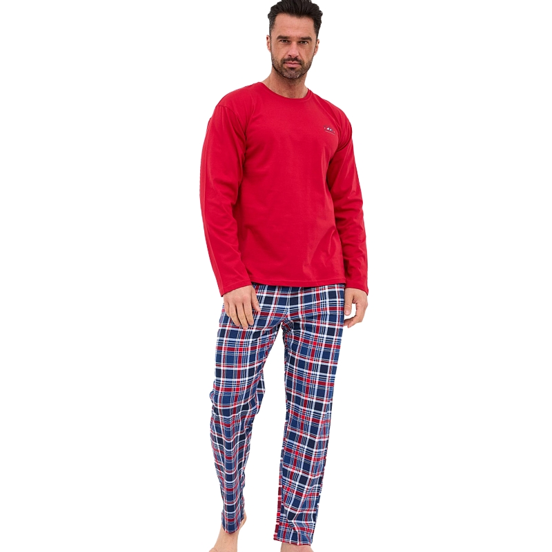 Cornette Piżama Męska Długi Rękaw Czerwona Kratka Bawełniana Model