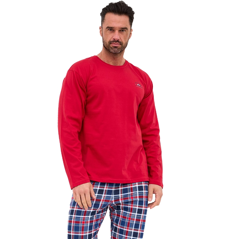 Cornette Piżama Męska Długi Rękaw Czerwona Kratka Bawełniana zbliżenie Model
