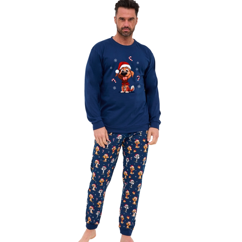 Cornette Piżama Męska Świąteczna Długi Rękaw Granatowa Piesek Bawełna Model