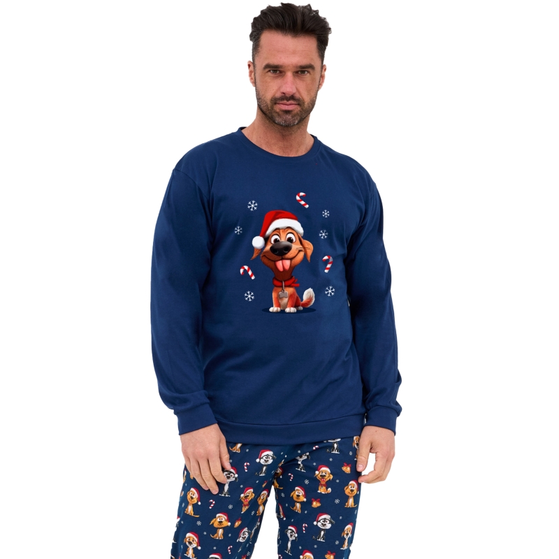 Cornette Piżama Męska Świąteczna Długi Rękaw Granatowa Piesek Zbliżenie Model