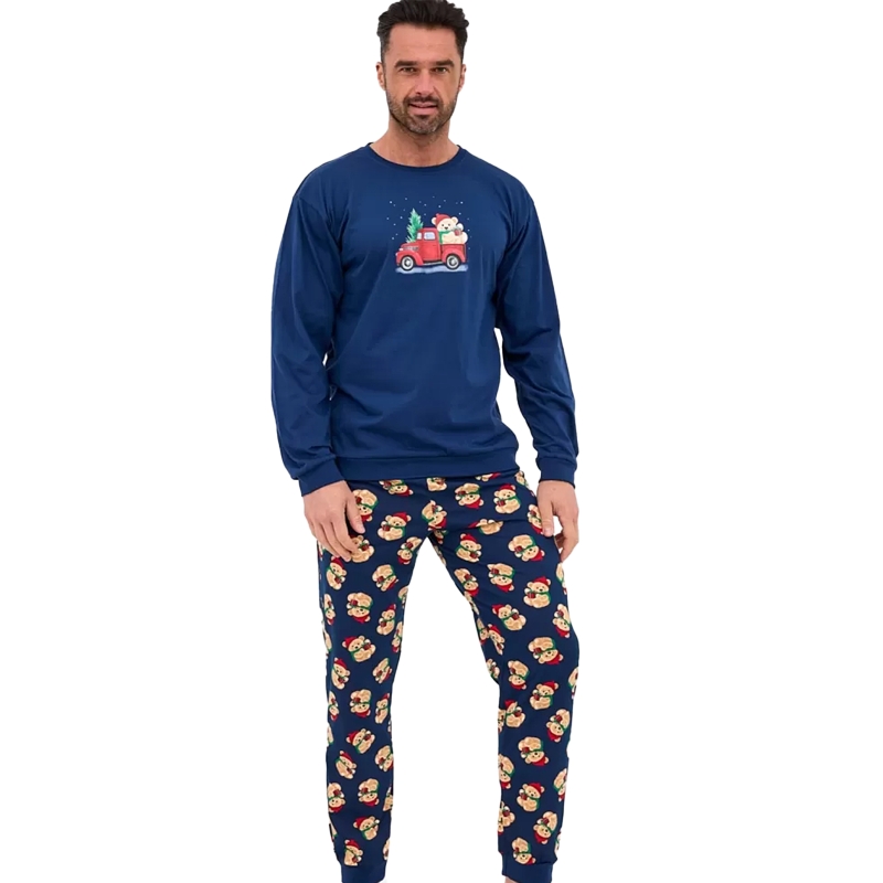 Cornette Piżama Męska Świąteczna Długi Rękaw Granatowa Misie Model