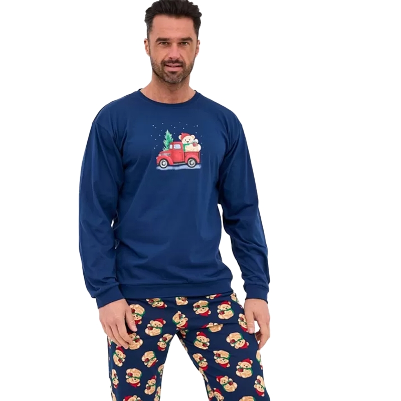 Cornette Piżama Męska Świąteczna Długi Rękaw Granatowa Misie Zbliżenie Model