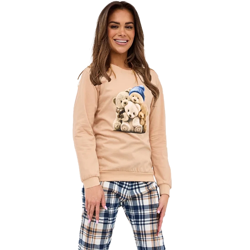 Cornette piżama damska beżowa z nadrukiem misiów
