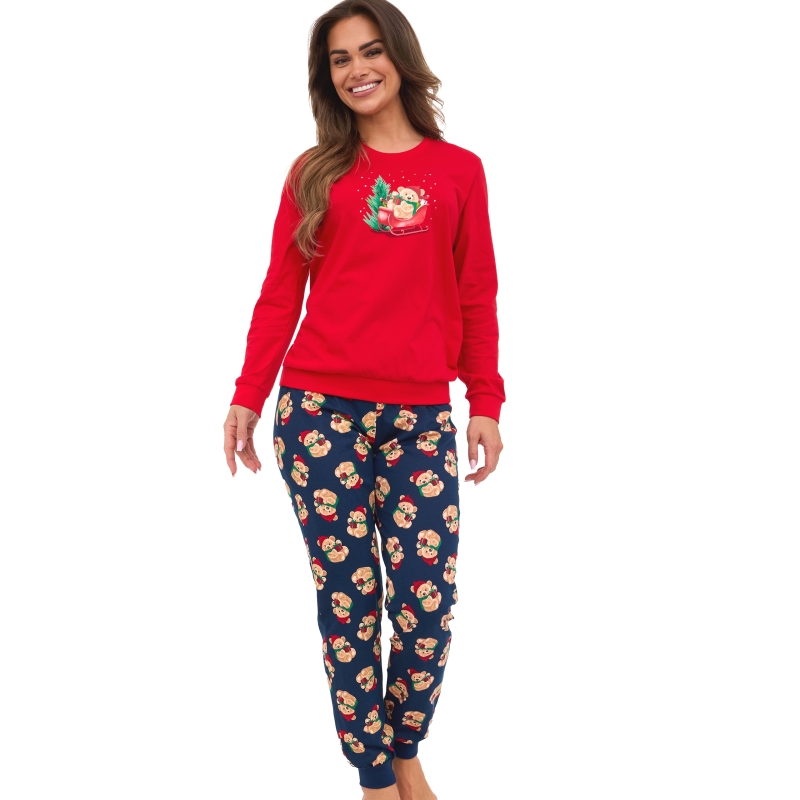Cornette Piżama Damska Świąteczna Długi Rękaw Nadruk Misie Bawełna Model