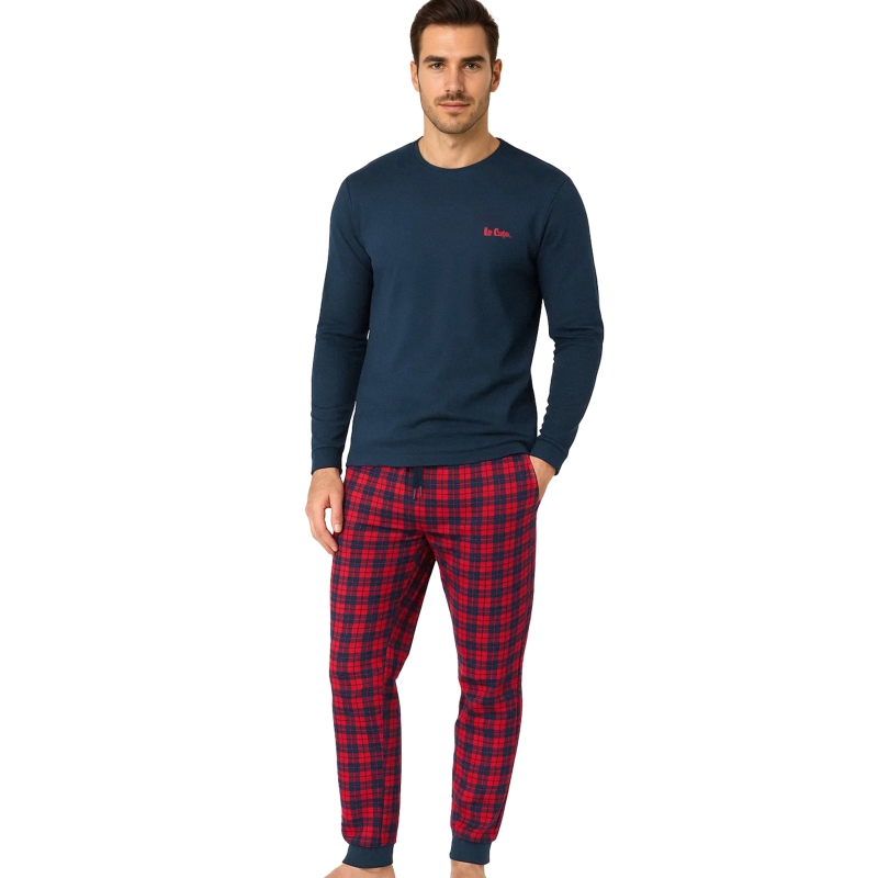 Lee Cooper Piżama Męska Bawełniana Długa Krata Granat 2025 Logo Model