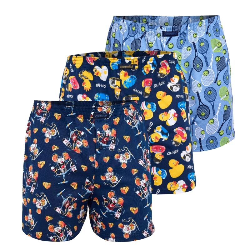 Cornette luźne bokserki męskie w kolorze niebieskim. Wygodna bawełna, klasyczny krój i 3-pak idealny na co dzień