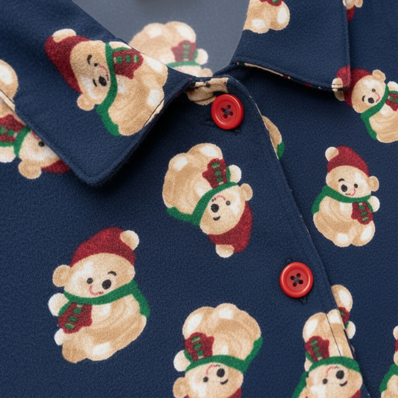 Zbliżenie na czerwone guziki i kołnierz piżamy Cornette z motywem misiów