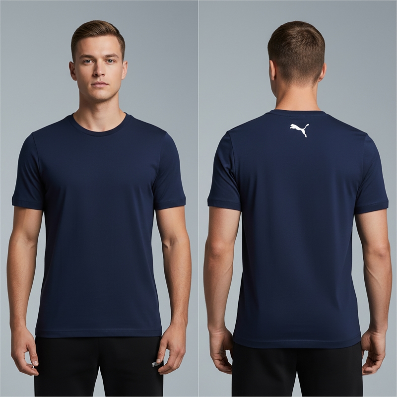 T-Shirt męski Puma granatowy z przodu i z tyłu na Model