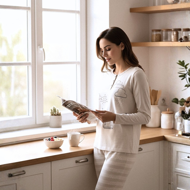 Infiore piżama damska beżowa w domowym wnętrzu Model