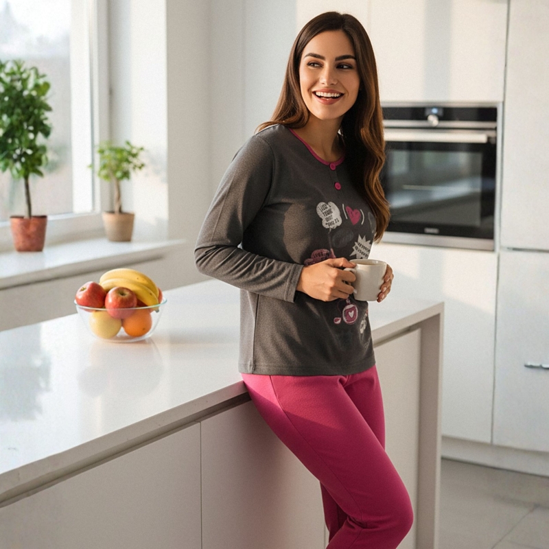 Infiore piżama damska grafitowa w kuchennej aranżacji Model