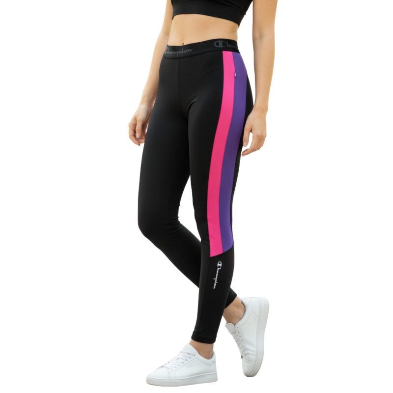 Czarne legginsy Champion damskie z różowym i fioletowym pasem Model