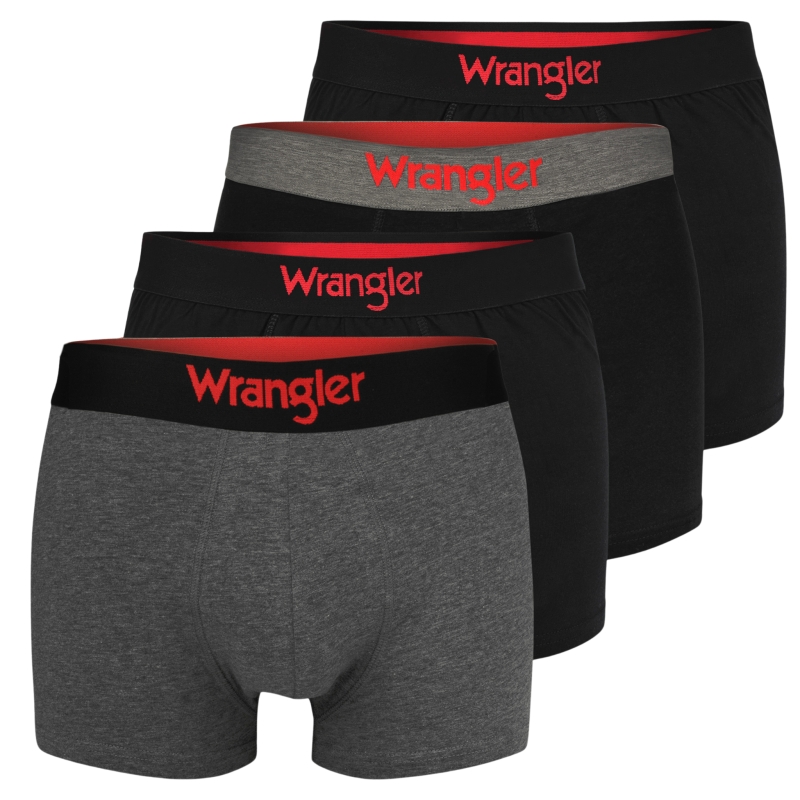 Cztery bokserki Wrangler, czarne i szare z logo w pasie