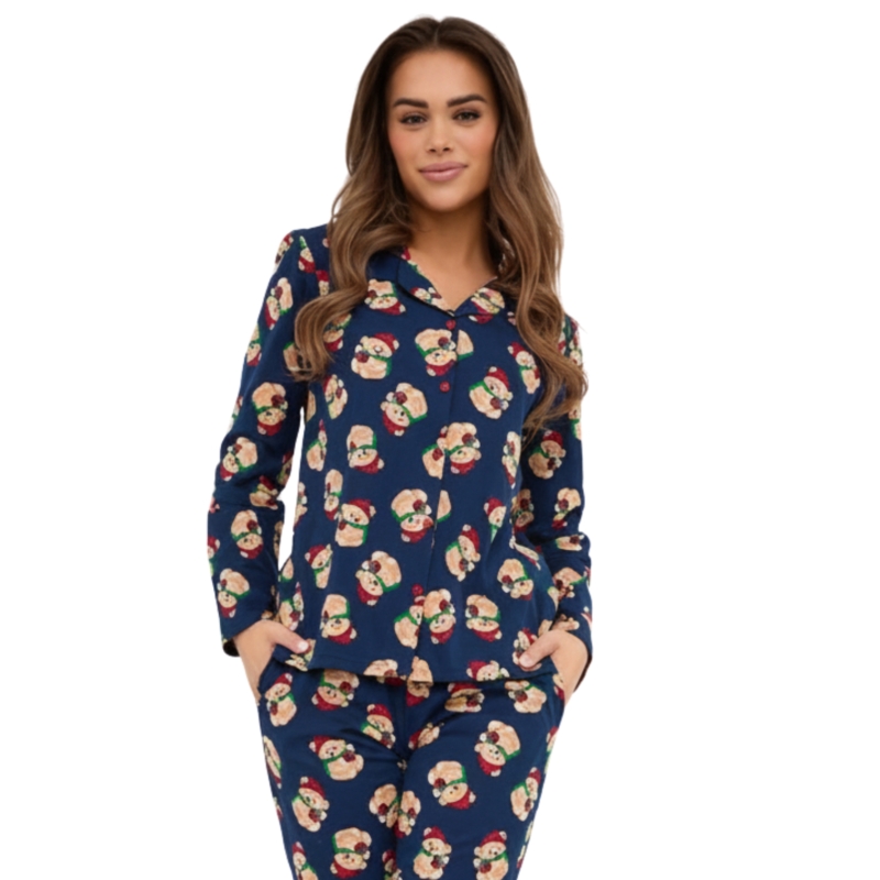 Górna część piżamy Cornette z kołnierzem i czerwonymi guzikami, wzór misie Model