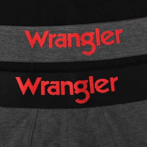 Zbliżenie na elastyczną gumę z logo Wrangler w szarych bokserkach.