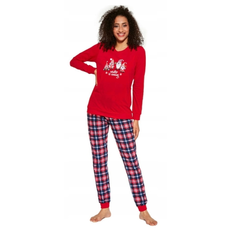 Damska piżama Cornette w czerwoną i granatową kratę, zakończone czerwonym ściągaczem. Model