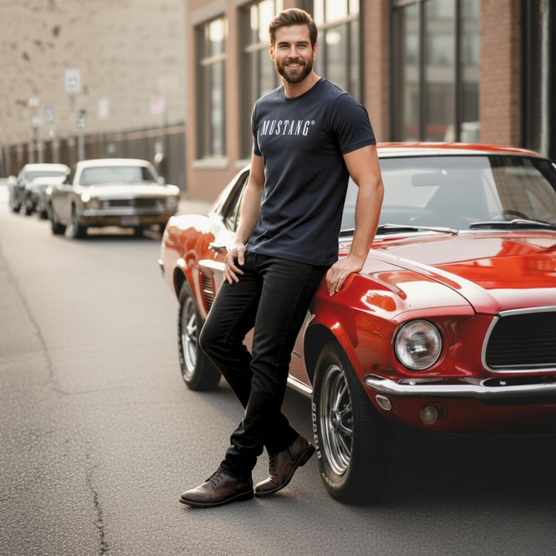 Mężczyzna w granatowym T-Shircie Mustang na ulicy Model