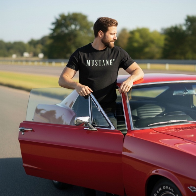 Mężczyzna w czarnym T-Shircie Mustang przy czerwonym aucie Model