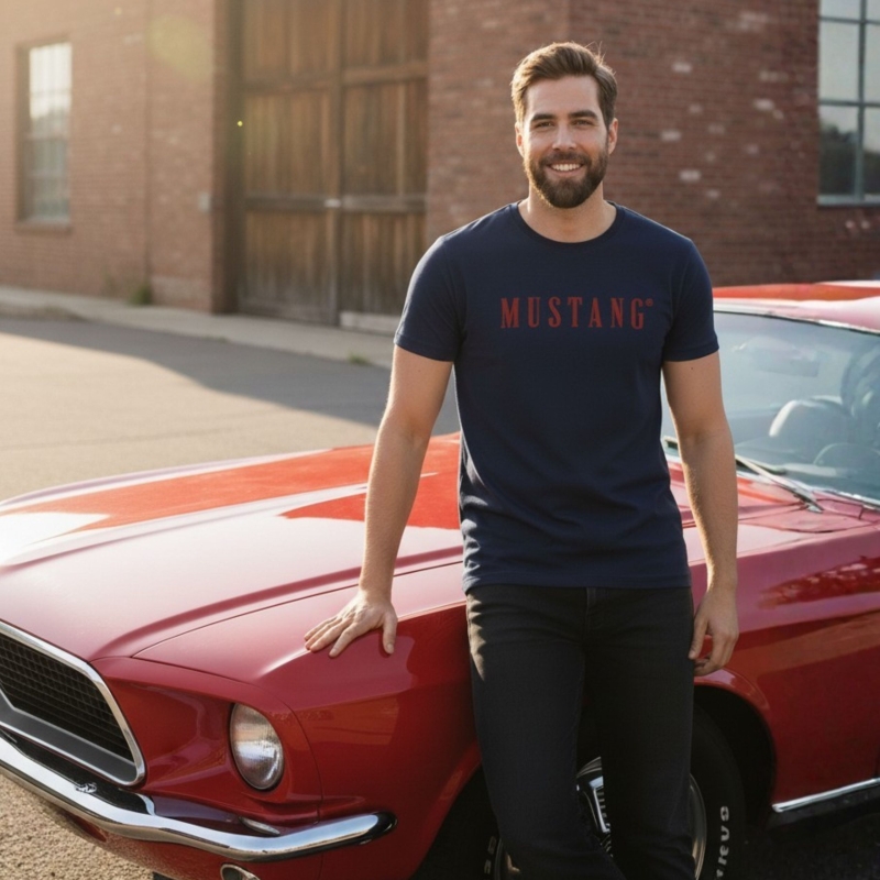 Mężczyzna w granatowej koszulce Mustang obok czerwonego auta