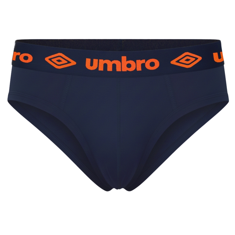 Slipy męskie Umbro granatowe z pomarańczowym logo na gumie