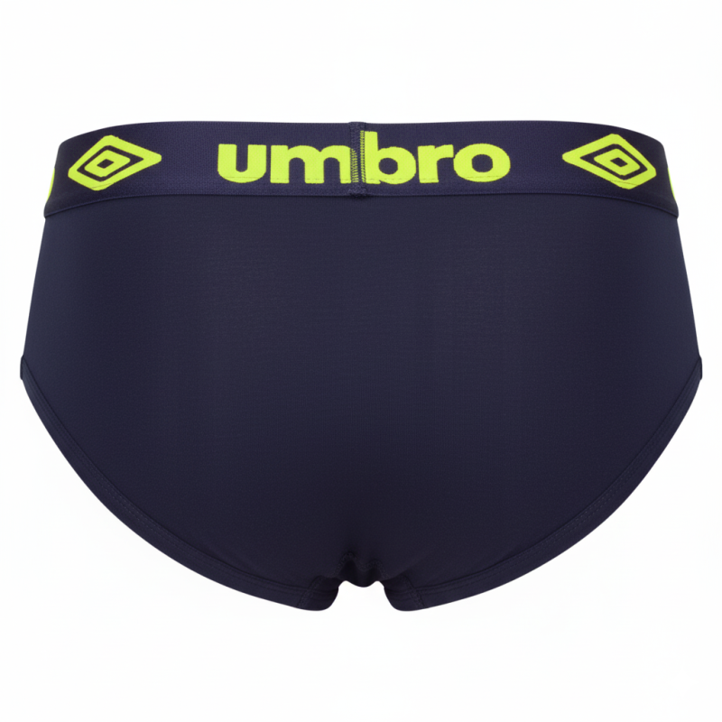 Slipy męskie Umbro granatowe z tyłu z limonkowym logo
