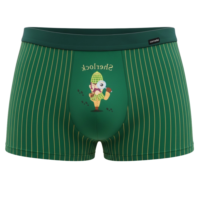Bokserki męskie Cornette zielone w paski z nadrukiem detektywa