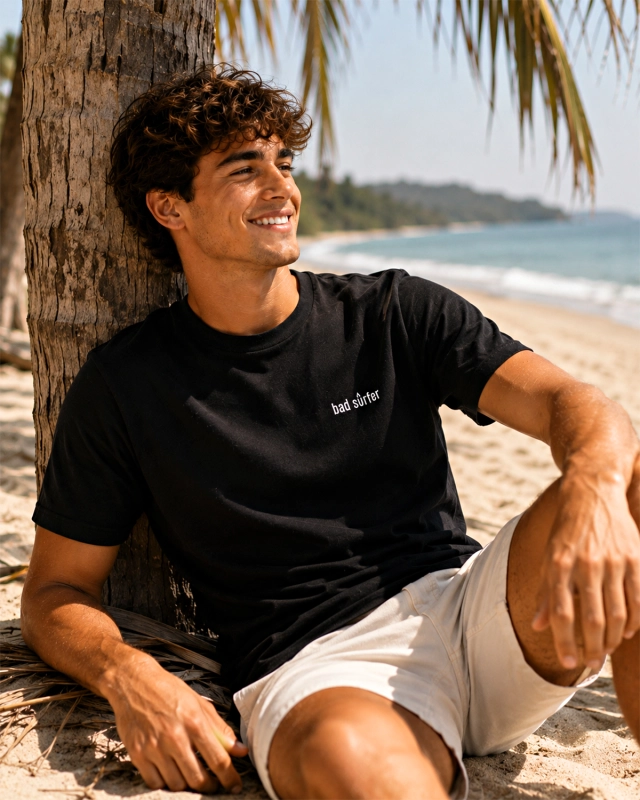 Model w czarnej koszulce Bad Surfer.