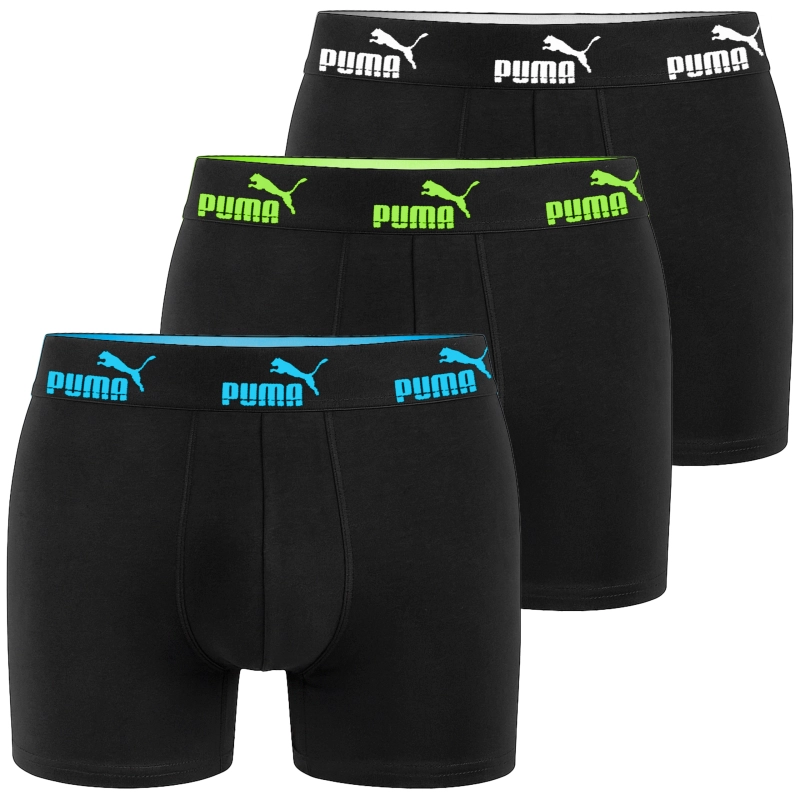 Czarne bokserki PUMA z zielonymi pasami pokazane z przodu