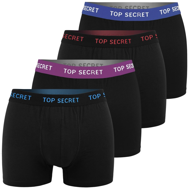 Cztery pary czarnych bokserek Top Secret z pasami w różnych kolorach