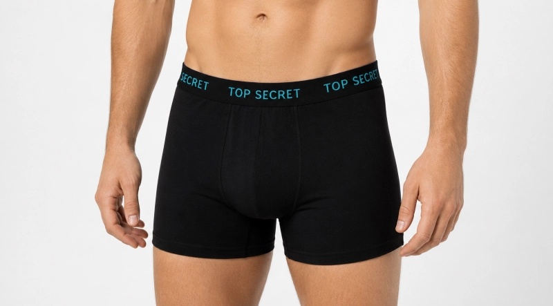 Czarne bokserki Top Secret z niebieskim napisem na pasie, pokazane na modelu