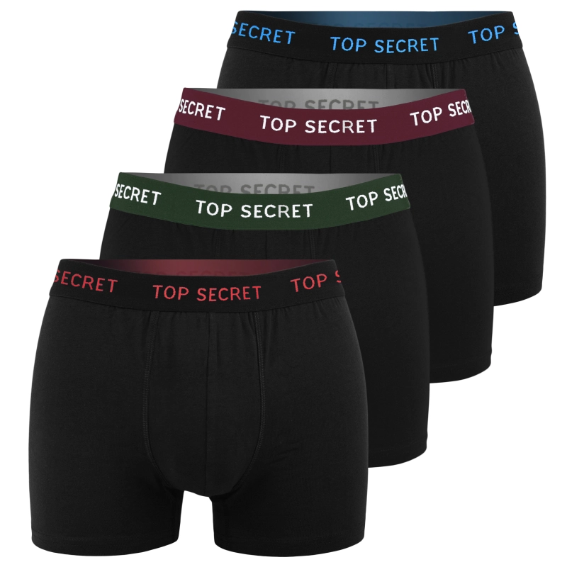 Cztery pary czarnych bokserek Top Secret z gumami i napisami w różnych kolorach