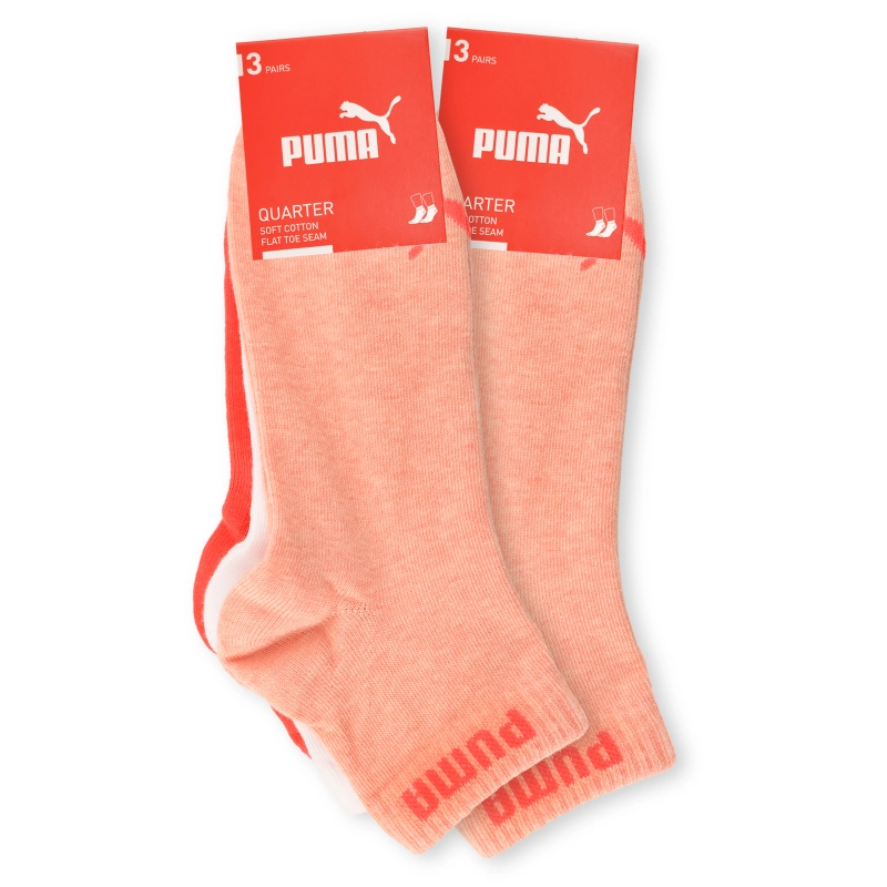 Skarpety PUMA typu quarter ułożone w kolorach czerwonym, brzoskwiniowym i białym