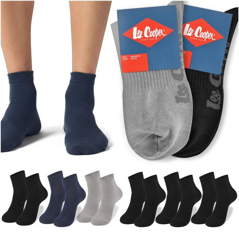 Zestaw skarpet Lee Cooper za kostkę w kolorach czarnym, granatowym i szarym.