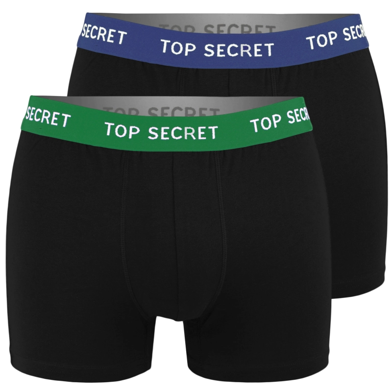 Dwie pary czarnych bokserek Top Secret z zieloną i niebieską gumą