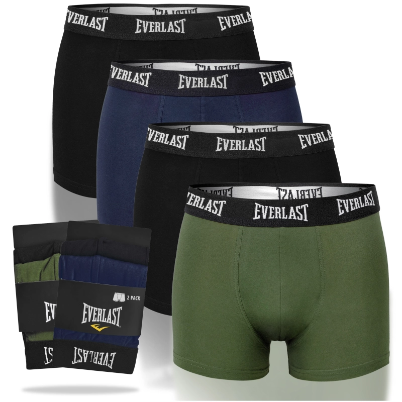 Zestaw bokserek Everlast w kolorze czarnym, granatowym i oliwkowym, pokazany z etykietą.